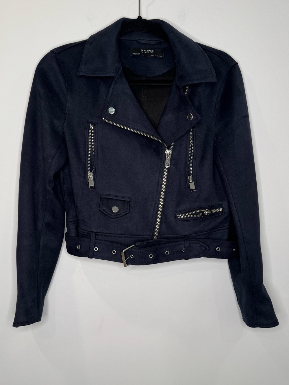 Zara Navy faux Suede Moto Jacket Belt buckle biker sz small